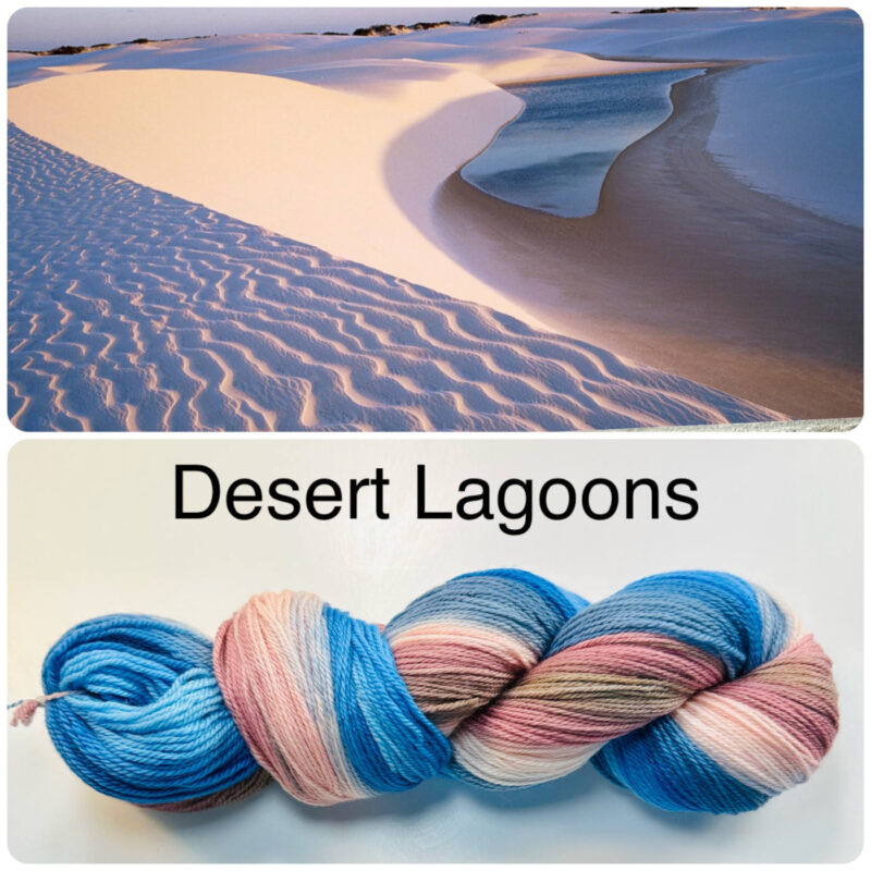 Desert and Lagoon inspiration photo in collage with skein in Merino cloud